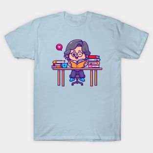 Cute Girl Reading Book Cartoon T-Shirt